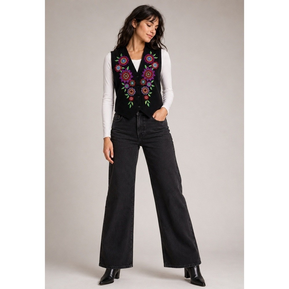 Bob Mackie Wearable Art‎ Artsy Boho Vest Black Floral Embroidered Womens Medium